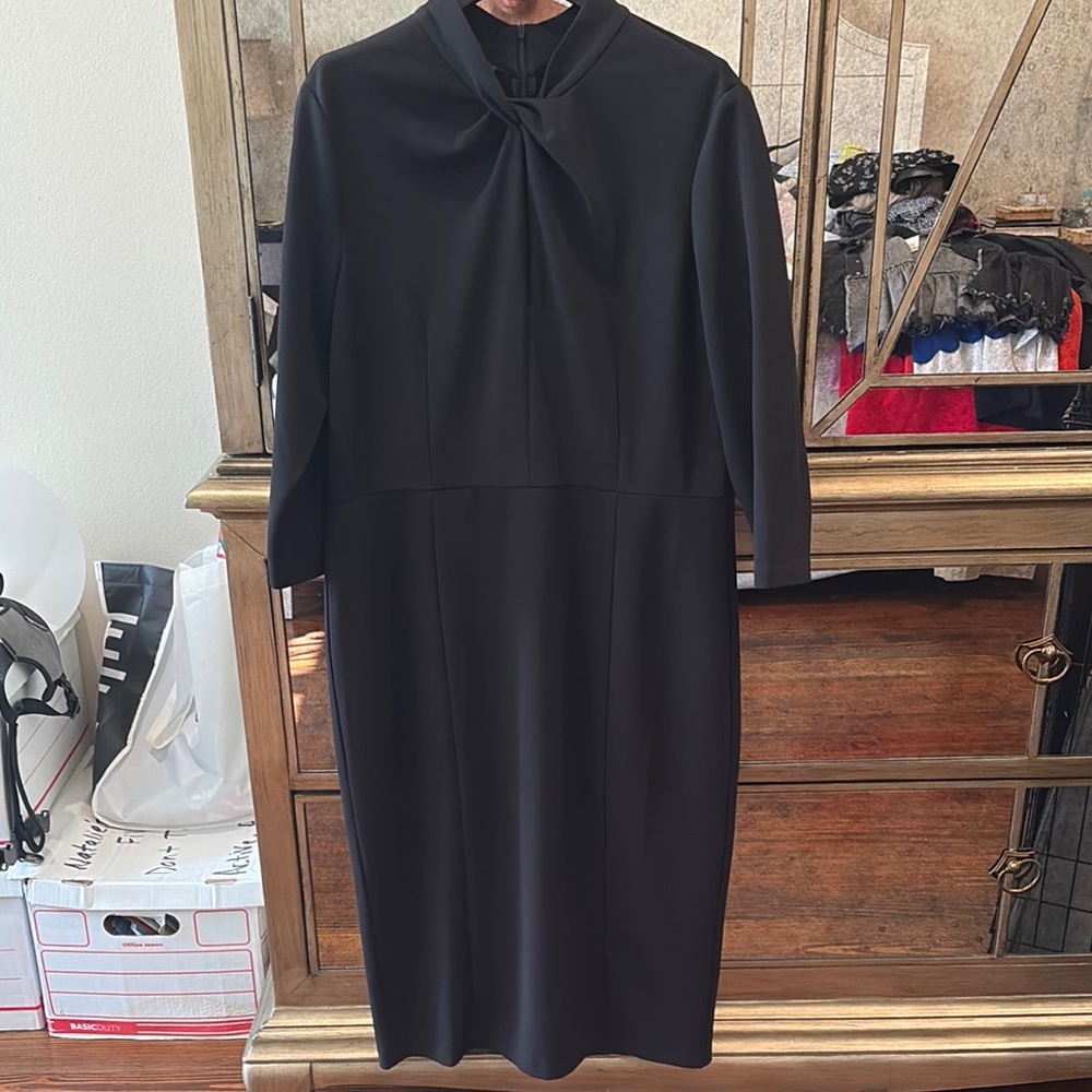 Black Tie Front Long Sleeve Sheath Dress with Mock Neck for Work
